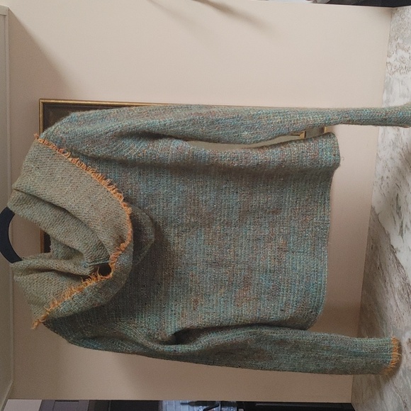 OOAK Handwoven Wool Hoodie Turquoise & Gold - Picture 15 of 17